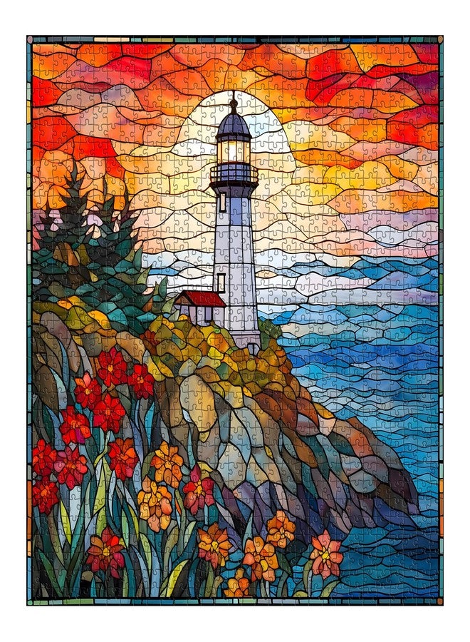 PICKFORU Stained Glass Lighthouse Puzzles for Adults 1000 Piece, Mosaic Beach Puzzle Hard, Impossible Difficult Challenging Puzzles, Lighthouse Scenic Jigsaw Puzzles - Image 2
